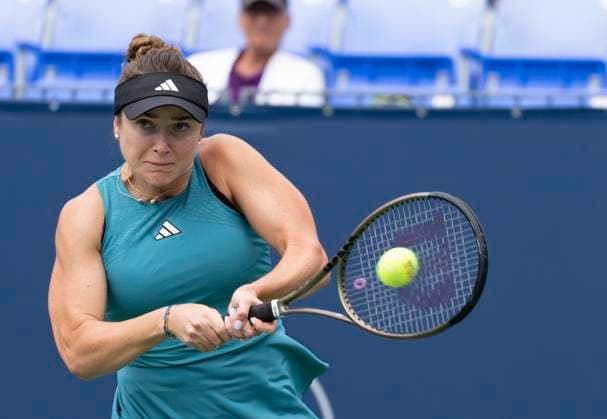August 8, 2023, MONTREAL, PQ, Canada: Elina Svitolina of Ukraine hits a return to Danielle Collins of the United States during the National Bank Open tennis tournament in Montreal, Tuesday, August 8, 2023. Canada News - August 8, 2023  - ZUMAc35_ 20230808_zaf_c35_008 Copyright: xChristinnexMuschix