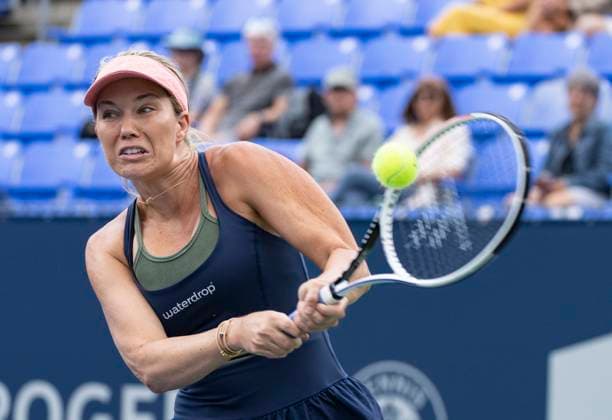 August 8, 2023, MONTREAL, PQ, Canada: Danielle Collins of the United States hits a return to Elina Svitolina of Ukraine during the National Bank Open tennis tournament in Montreal, Tuesday, August 8, 2023. Canada News - August 8, 2023  - ZUMAc35_ 20230808_zaf_c35_009 Copyright: xChristinnexMuschix