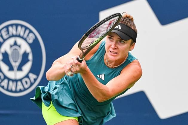 MONTREAL, QC - AUGUST 08: Elina Svitolina (UKR) tracks her shot during a first round match at WTA, Tennis Damen National Bank Open on August 08, 2023 at IGA Stadium in Montreal, QC (Photo by David Kirouac Icon Sportswire) TENNIS: AUG 08 National Bank Open EDITORIAL USE ONLY Icon230808008