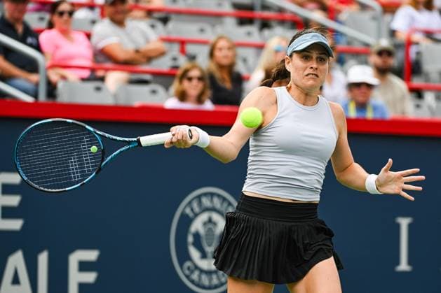 MONTREAL, QC - AUGUST 08: Kimberly Birrell (AUS) returns the ball during a first round match at WTA, Tennis Damen National Bank Open on August 08, 2023 at IGA Stadium in Montreal, QC (Photo by David Kirouac Icon Sportswire) TENNIS: AUG 08 National Bank Open EDITORIAL USE ONLY Icon230808025