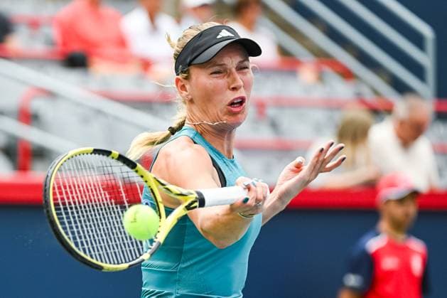MONTREAL, QC - AUGUST 08: Caroline Wozniacki (DEN) returns the ball during a first round match at WTA, Tennis Damen National Bank Open on August 08, 2023 at IGA Stadium in Montreal, QC (Photo by David Kirouac Icon Sportswire) TENNIS: AUG 08 National Bank Open EDITORIAL USE ONLY Icon230808031