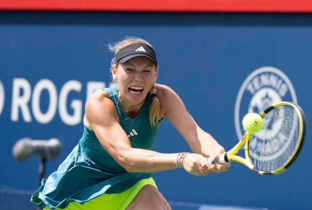 August 8, 2023, MONTREAL, PQ, Canada: Caroline Wozniaki of Denmark,hits a return against Kimberly Birrell of Australia during the National Bank Open tennis tournament in Montreal, Tuesday, August 8, 2023. Canada News - August 8, 2023  - ZUMAc35_ 20230808_zaf_c35_016 Copyright: xChristinnexMuschix