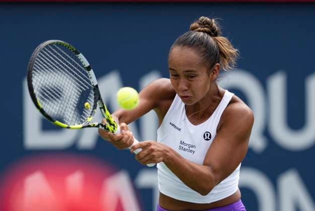 August 8, 2023, MONTREAL, PQ, Canada: Leylah Fernandez of Canada hits a return to Peyton Stearns of the United States, during the National Bank Open tennis tournament in Montreal, Tuesday, August 8, 2023. Canada News - August 8, 2023  - ZUMAc35_ 20230808_zaf_c35_037 Copyright: xChristinnexMuschix