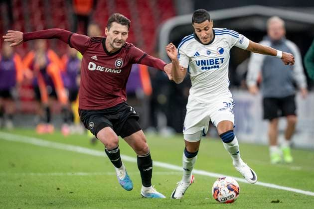 Sparta Prague s Kaan Kairinen and FC Copenhagen s Elias Achouri during the Champions League qualifying match in the third round between FC Copenhagen and Sparta Prague at Parken in Copenhagen, Tuesday, August 8, 2023 The match ends 0 0 Photo Mads Claus Rasmussen Ritzau Scanpix , Denmark  Copyright: RitzauxScanpix MadsxClausxRasmussenx COP14175 spdk20230808-222717-L