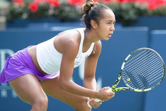 August 08, 2023: Leylah Fernandez (CAN) awaits service during the WTA, Tennis Damen National Bank Open first round match at IGA Stadium in Montreal, Quebec. CSM Montreal Canada - ZUMAc04_ 20230808_zma_c04_100 Copyright: xDanielxLeax