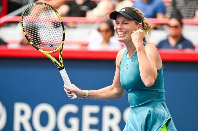 MONTREAL, QC - AUGUST 08: Caroline Wozniacki (DEN) reacts after her win after her first round match at WTA, Tennis Damen National Bank Open on August 08, 2023 at IGA Stadium in Montreal, QC (Photo by David Kirouac Icon Sportswire) TENNIS: AUG 08 National Bank Open EDITORIAL USE ONLY Icon230808047