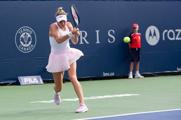 August 08, 2023: Marketa Vondrousova (CZE) returns the ball during the WTA, Tennis Damen National Bank Open first round match at IGA Stadium in Montreal, Quebec. CSM Montreal Canada - ZUMAc04_ 20230808_zma_c04_110 Copyright: xDanielxLeax