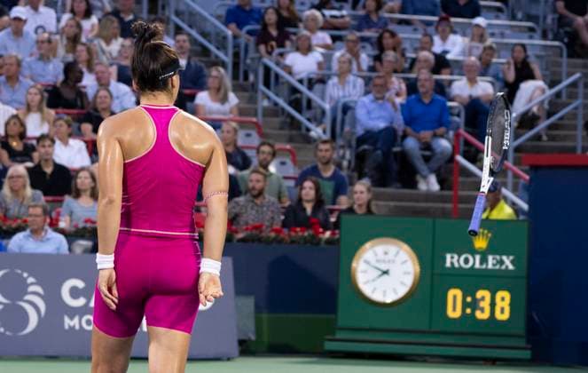 August 8, 2023, MONTREAL, PQ, Canada: Bianca Andreescu of Canada, throws her racket as she reacts during her game against Camila Giorgi of Italy, during the National Bank Open tennis tournament in Montreal, Tuesday, August 8, 2023. Canada News - August 8, 2023  - ZUMAc35_ 20230808_zaf_c35_083 Copyright: xChristinnexMuschix