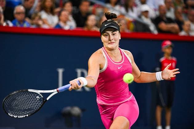 MONTREAL, QC - AUGUST 08: Bianca Andreescu (CAN) returns the ball during a first round match at WTA, Tennis Damen National Bank Open on August 08, 2023 at IGA Stadium in Montreal, QC (Photo by David Kirouac Icon Sportswire) TENNIS: AUG 08 National Bank Open EDITORIAL USE ONLY Icon230808090