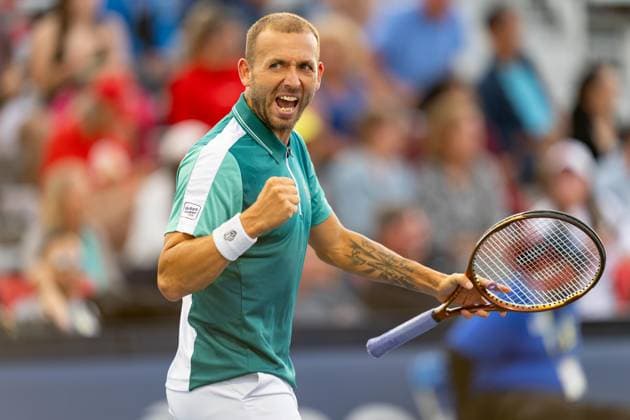 TORONTO, ON - AUGUST 08: Dan Evans of Great Britain reacts after winning a point during his first round match of the National Bank Open, part of the Hologic ATP, Tennis Herren Tour, at Sobeys Stadium on August 8, 2023 in Toronto, Canada. (Photo by Julian Avram Icon Sportswire) TENNIS: AUG 08 National Bank Open EDITORIAL USE ONLY Icon2308082505