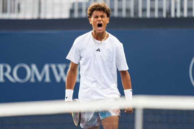 TORONTO, ON - AUGUST 08: Gabriel Diallo of Canada reacts after winning his first round match of the National Bank Open, part of the Hologic ATP, Tennis Herren Tour, at Sobeys Stadium on August 8, 2023 in Toronto, Canada. (Photo by Julian Avram Icon Sportswire) TENNIS: AUG 08 National Bank Open EDITORIAL USE ONLY Icon2308082515