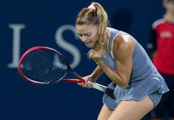 August 8, 2023, MONTREAL, PQ, Canada: Camila Giorgi of Italy, reacts after defeating Bianca Andreescu of Canada, during the National Bank Open tennis tournament in Montreal, Tuesday, August 8, 2023. Canada News - August 8, 2023  - ZUMAc35_ 20230808_zaf_c35_091 Copyright: xChristinnexMuschix