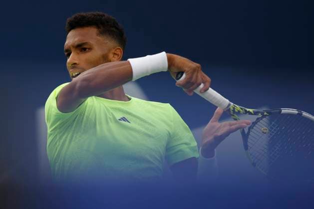August 8, 2023, TORONTO, ON, Canada: Felix Auger-Aliassime of Canada returns a ball to Max Purcell of Australia during National Bank Open tennis in Toronto, Tuesday, Aug. 8, 2023. Canada News - August 8, 2023  - ZUMAc35_ 20230808_zaf_c35_111 Copyright: xColexBurstonx