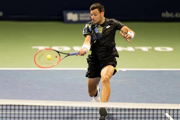 TORONTO, ON - AUGUST 08: Bernabe Zapata Miralles of Spain hits a shot during his first round match of the National Bank Open, part of the Hologic ATP, Tennis Herren Tour, at Sobeys Stadium on August 8, 2023 in Toronto, Canada. (Photo by Julian Avram Icon Sportswire) TENNIS: AUG 08 National Bank Open EDITORIAL USE ONLY Icon2308084408
