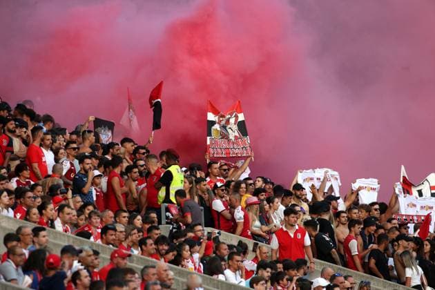 BRAGA, PORTUGAL - AUGUST 8: Fans of Sporting Braga ,during the UEFA Champions League Third Qualifying Round- First Leg match between Sporting Braga and TSC Backa Topola at Estadio Municipal de Braga on August 8, 2023 in Braga, Portugal. SPO 