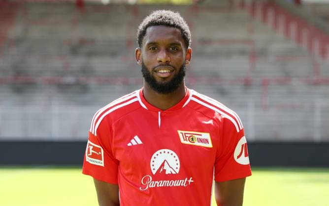Jordan Siebatcheu 1 FC Union Berlin FCU 1 BL Bundesliga Porträttermin season 2023 2024 squad, portrait, introduction, presentation, press appointment, GER 09 08 23