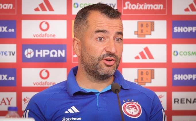 Olympiacos head coach Diego Martinez pictured during a press conference, PK, Pressekonferenz of Greek soccer team Olympiacos F.C., Wednesday 09 August 2023 in Piraeus, Greece. The club is preparing for tomorrow s match against Belgian soccer team KAA Gent in the third qualifying round for the UEFA Europa League competition. VIRGINIExLEFOUR  x71831430x