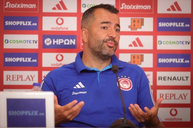 Olympiacos head coach Diego Martinez pictured during a press conference, PK, Pressekonferenz of Greek soccer team Olympiacos F.C., Wednesday 09 August 2023 in Piraeus, Greece. The club is preparing for tomorrow s match against Belgian soccer team KAA Gent in the third qualifying round for the UEFA Europa League competition. VIRGINIExLEFOUR  x71831431x
