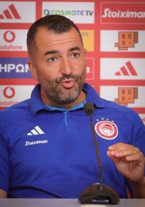 Olympiacos head coach Diego Martinez pictured during a press conference, PK, Pressekonferenz of Greek soccer team Olympiacos F.C., Wednesday 09 August 2023 in Piraeus, Greece. The club is preparing for tomorrow s match against Belgian soccer team KAA Gent in the third qualifying round for the UEFA Europa League competition. VIRGINIExLEFOUR  x71831443x