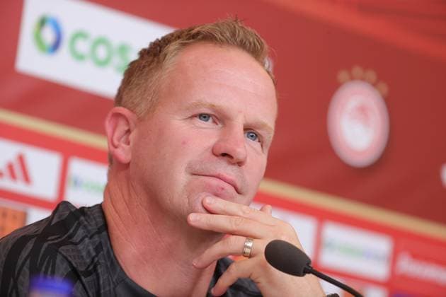 Genk s head coach Wouter Vrancken pictured during a press conference, PK, Pressekonferenz of Belgian soccer team KRC Genk, Wednesday 09 August 2023 in Piraeus, Greece. The club is preparing for tomorrow s match against Greek Olympiacos F.C. in the third qualifying round for the UEFA Europa League competition. VIRGINIExLEFOUR  x71831591x