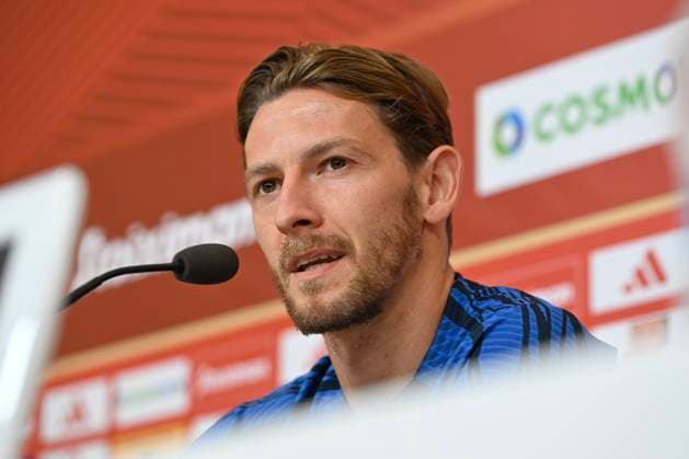Olympiacos v KRC Genk - UEFA Europa League Qualifying ATHENS, GREECE - AUGUST 09 : Hrosovsky Patrik midfielder of KRC Genk during a press conference, PK, Pressekonferenz prior to the 1st leg match of the UEFA Europa League season 2023 - 2024 third qualifying round between Olympiacos and KRC Genk on August 9, 2023 in Athens, Greece, 09 08 2023 Athens Greece  Copyright: xDhax