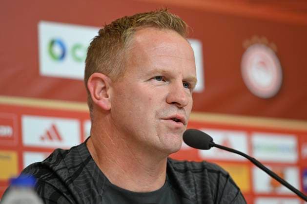 Olympiacos v KRC Genk - UEFA Europa League Qualifying ATHENS, GREECE - AUGUST 09 : Vrancken Wouter head coach of KRC Genk during a press conference, PK, Pressekonferenz prior to the 1st leg match of the UEFA Europa League season 2023 - 2024 third qualifying round between Olympiacos and KRC Genk on August 9, 2023 in Athens, Greece, 09 08 2023 Athens Greece  Copyright: xDhax