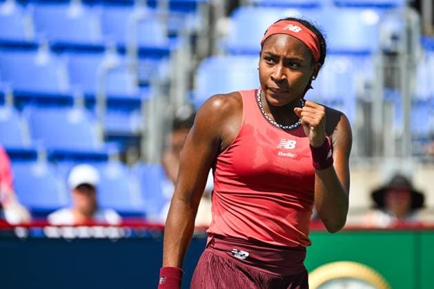 MONTREAL, QC - AUGUST 09: Coco Gauff (USA) reacts after scoring a point during a second round match at WTA, Tennis Damen National Bank Open on August 09, 2023 at IGA Stadium in Montreal, QC (Photo by David Kirouac Icon Sportswire) TENNIS: AUG 09 National Bank Open EDITORIAL USE ONLY Icon230809013
