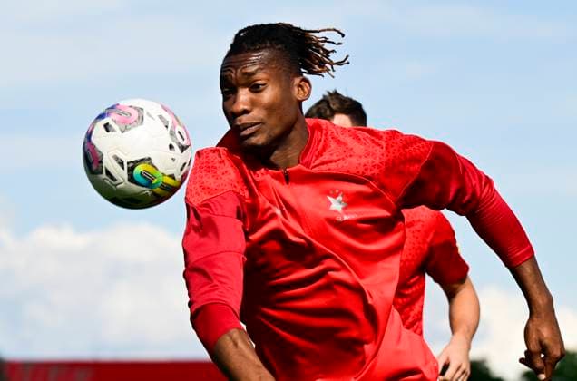 Media programme before the first match of the 3rd qualifying round of the Football UEFA Europa League Slavia Prague vs Dnipro in Prague, Czech Republic, August 9, 2023. Muhamed Tijani of Slavia during a training session. (CTKxPhoto RomanxVondrous) CTKPhotoP2023080905758  CTKPhotoP2023080905758