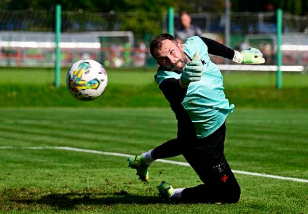 Media programme before the first match of the 3rd qualifying round of the Football UEFA Europa League Slavia Prague vs Dnipro in Prague, Czech Republic, August 9, 2023. Goalkeeper Ondrej Kolar of Slavia during a training session. (CTKxPhoto RomanxVondrous) CTKPhotoP2023080905762  CTKPhotoP2023080905762