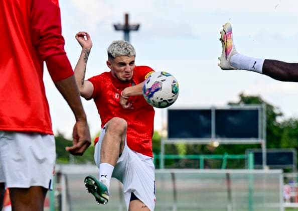 Media programme before the first match of the 3rd qualifying round of the Football UEFA Europa League Slavia Prague vs Dnipro in Prague, Czech Republic, August 9, 2023. Christos Zafeiris of Slavia during a training session. (CTKxPhoto RomanxVondrous) CTKPhotoP2023080905771  CTKPhotoP2023080905771