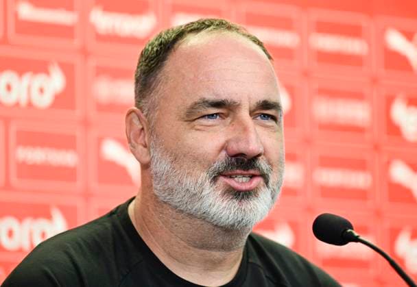 Media programme before the first match of the 3rd qualifying round of the Football UEFA Europa League Slavia Prague vs Dnipro in Prague, Czech Republic, August 9, 2023. Coach Jindrich Trpisovsky of Slavia during a press conference, PK, Pressekonferenz (CTKxPhoto RomanxVondrous) CTKPhotoP2023080905964  CTKPhotoP2023080905964