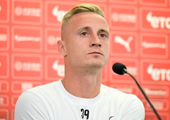 Media programme before the first match of the 3rd qualifying round of the Football UEFA Europa League Slavia Prague vs Dnipro in Prague, Czech Republic, August 9, 2023. Olexandr Svatok of Dnipro during a press conference, PK, Pressekonferenz (CTKxPhoto RomanxVondrous) CTKPhotoP2023080906203  CTKPhotoP2023080906203