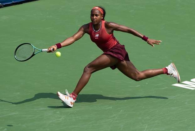 August 9, 2023, MONTREAL, PQ, Canada: Coco Gauff of the United States hits a return to Katie Boulter of the United Kingdom during the National Bank Open tennis tournament in Montreal, Wednesday, Aug. 9, 2023. Canada News - August 9, 2023  - ZUMAc35_ 20230809_zaf_c35_043 Copyright: xChristinnexMuschix
