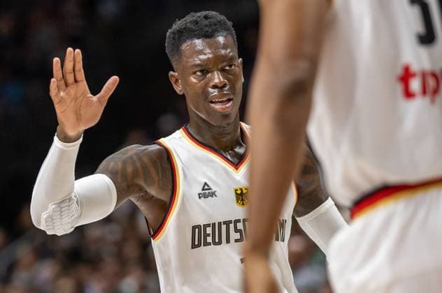 Basketball Laender games, Germany Canada, Mercedes Benz Arena Germanys Dennis Schroeder raises a hand Basketball Laender games Germany Canada