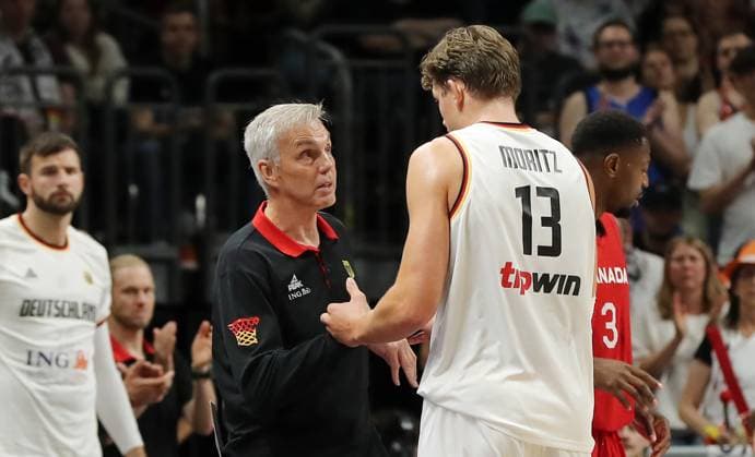 Coach Gordon Herbert GER talks to Moritz Wagner GER action upper body sports basketball DBB national team men international match season 2023 2024 09 08 2023 Germany GER vs Canada CAN