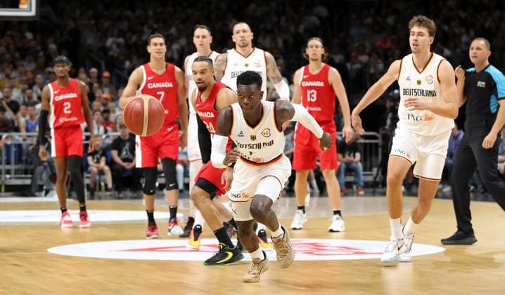 Dennis Schröder GER , Dillon Brooks duel match scene action sport basketball DBB national team men international match season 2023 2024 09 08 2023 Germany GER vs Canada CAN