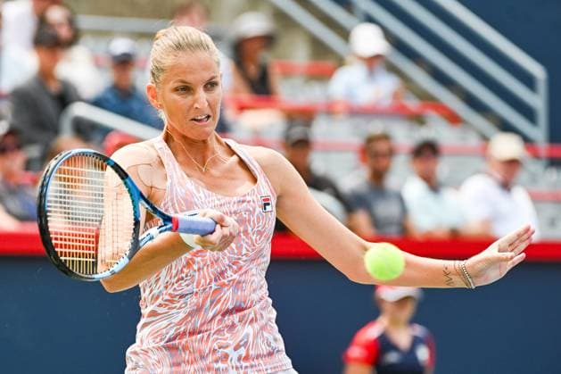MONTREAL, QC - AUGUST 09: Karolina Pliskova (CZE) returns the ball during a second round match at WTA, Tennis Damen National Bank Open on August 09, 2023 at IGA Stadium in Montreal, QC (Photo by David Kirouac Icon Sportswire) TENNIS: AUG 09 National Bank Open EDITORIAL USE ONLY Icon230809019