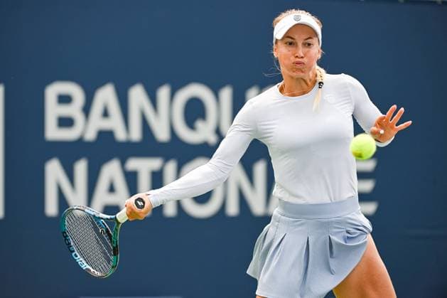MONTREAL, QC - AUGUST 09: Yulia Putintseva (KAZ) returns the ball during a second round match at WTA, Tennis Damen National Bank Open on August 09, 2023 at IGA Stadium in Montreal, QC (Photo by David Kirouac Icon Sportswire) TENNIS: AUG 09 National Bank Open EDITORIAL USE ONLY Icon230809046