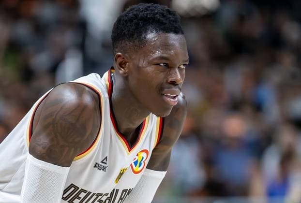Basketball Laender games, Germany Canada, Mercedes Benz Arena Germanys Dennis Schroeder bends on his thigh Basketball Laender games Germany Canada
