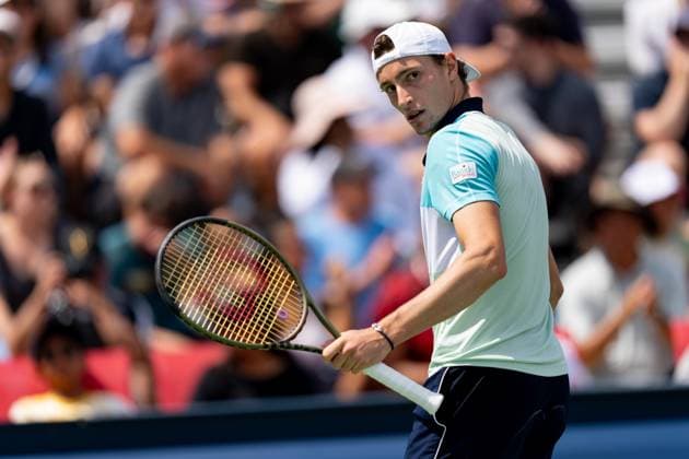 TORONTO, ON - AUGUST 09: Ugo Humbert of France reacts after winning a point during his second round match of the National Bank Open, part of the Hologic ATP, Tennis Herren Tour, at Sobeys Stadium on August 9, 2023 in Toronto, Canada. (Photo by Julian Avram Icon Sportswire) TENNIS: AUG 09 National Bank Open EDITORIAL USE ONLY Icon2308090047