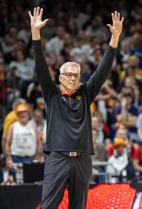 Basketball Laender games, Germany Canada, Mercedes Benz Arena Germanys coach Gordon Herbert stands gesticulating on the edge of the court Basketball Laender games Germany Canada