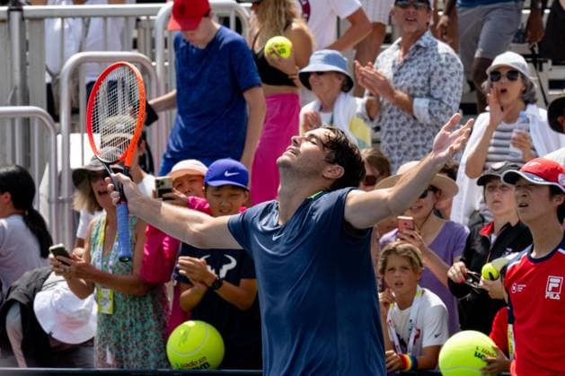 Sport Bilder des Tages TORONTO, ON - AUGUST 09: Taylor Fritz of the United States reacts after winning his second round match of the National Bank Open, part of the Hologic ATP, Tennis Herren Tour, at Sobeys Stadium on August 9, 2023 in Toronto, Canada. (Photo by Julian Avram Icon Sportswire) TENNIS: AUG 09 National Bank Open EDITORIAL USE ONLY Icon2308090076