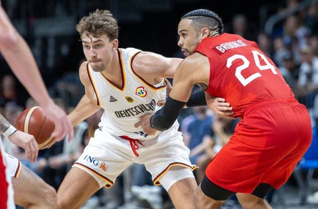 Basketball Laender games, Germany Canada, Mercedes Benz Arena Germanys Franz Wagner l fights Dillon Brooks from Canada for the ball Basketball Laender game Germany Canada