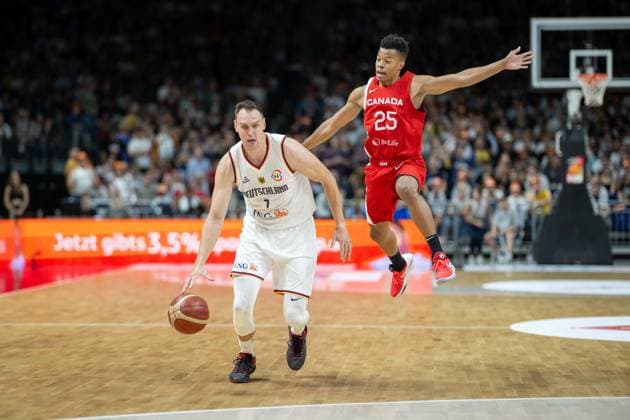 Basketball Berlin 09 08 2023 DBB Mens National Team International Match Test Match Germany GER Canada CAN Johannes Voigtmann Germany, No 07 Trae Bell Haynes Canada, No 25