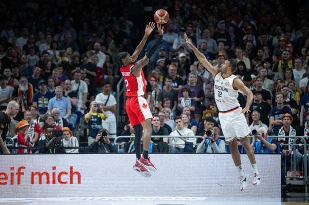 Basketball Berlin 09 08 2023 DBB Mens National Team International Match Test Match Germany GER Canada CAN Shai Gilgeous Alexander Canada, No 02 Johannes Thiemann Germany, No 32