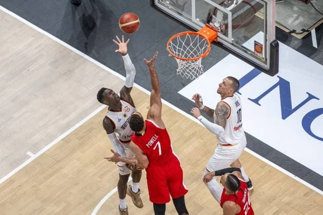 Basketball Berlin 09 08 2023 DBB national mens team international test match Germany GER Canada CAN Dennis Schröder Schroeder Germany, No 17 Schröder Schroder Dwight Powell Canada, No 07
