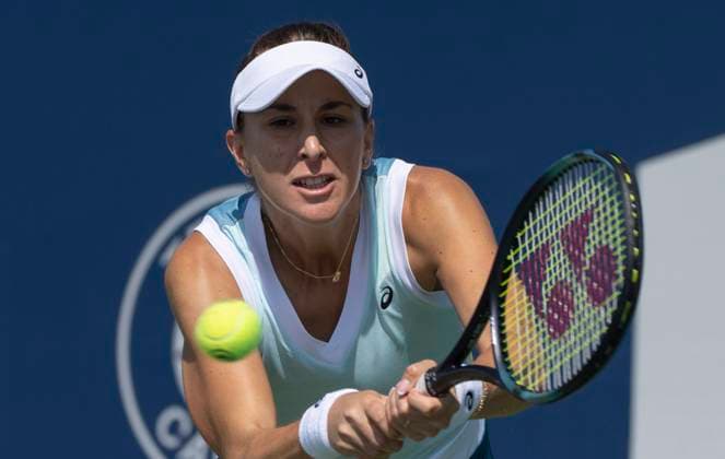 August 9, 2023, MONTREAL, PQ, Canada: Belinda Bencic of Switzerland hits a return to Alycia Parks of the United States during the National Bank Open tennis tournament in Montreal, Wednesday, Aug. 9, 2023. Canada News - August 9, 2023  - ZUMAc35_ 20230809_zaf_c35_094 Copyright: xChristinnexMuschix