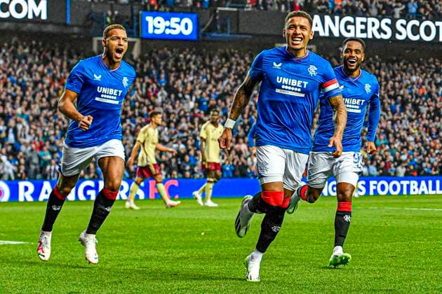 Rangers v Servette UEFA Champions League James Tavernier of Rangers celebrates his sides goal with Danilo and Cyriel Dessers during the UEFA Champions League Third Qualifying Round First Leg match at Ibrox Stadium, Glasgow Copyright: xJamiexJohnstonx FIL-18785-0045 UK Newspapers OUT
