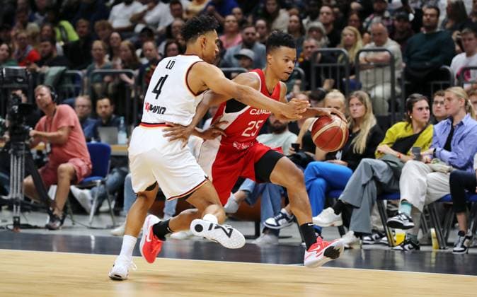 Maodo Lo GER , Trae Bell Haynes duel game scene action sport basketball DBB national team men international match season 2023 2024 09 08 2023 Germany GER vs Canada CAN