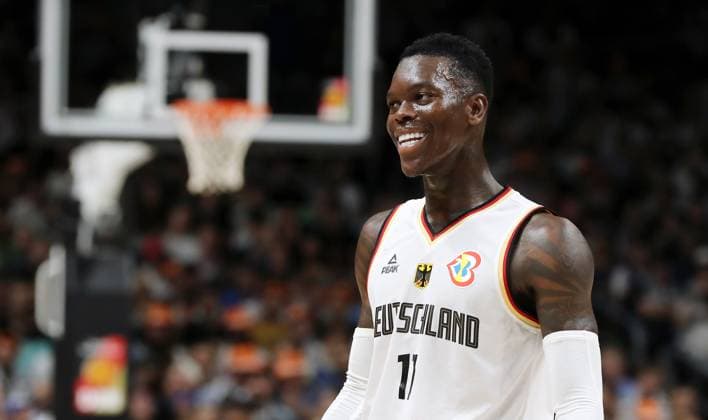 Dennis Schröder GER laughing action upper body sport basketball DBB national team men international match season 2023 2024 09 08 2023 Germany GER vs Canada CAN